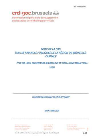 Note de la CRD sur Les Finances Publiques de la Région de Bruxelles-Capitale